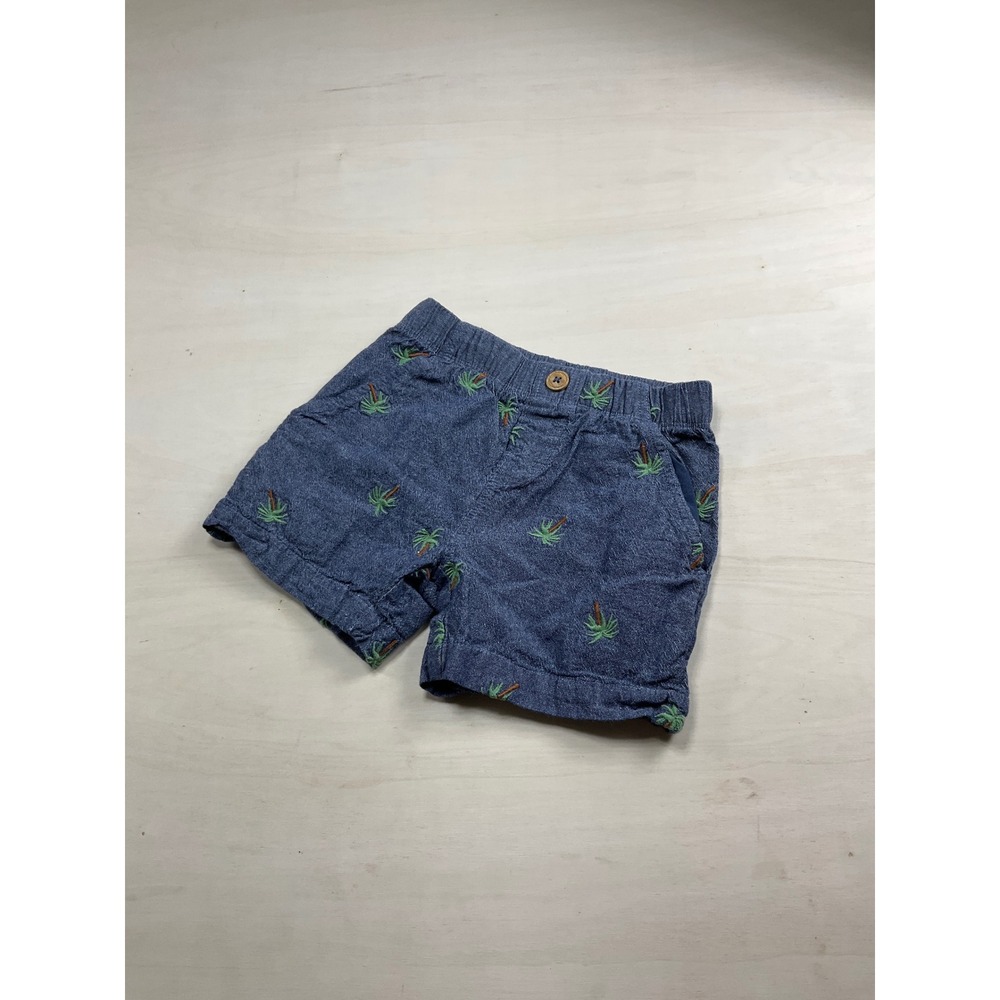 Boys Blue Chambray Palm Tree Embroidered Shorts Elastic Waist Size 4